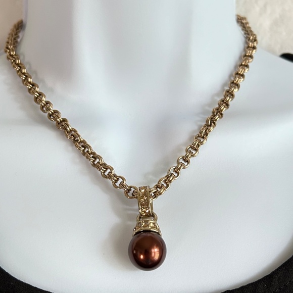 Anne Klein Jewelry - Anne Klein Vintage Gold Tone Chocolate Brown Faux Pearl Solitaire Necklace